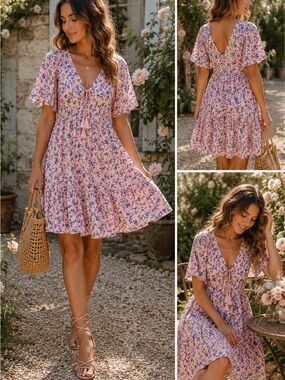 Pink Floral Cottagecore Mini Dress | Boho Puff Sleeve Tiered Babydoll Dress